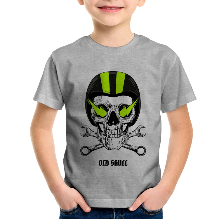 Camiseta Infantil Old Skull Motorcycle - Cinza
