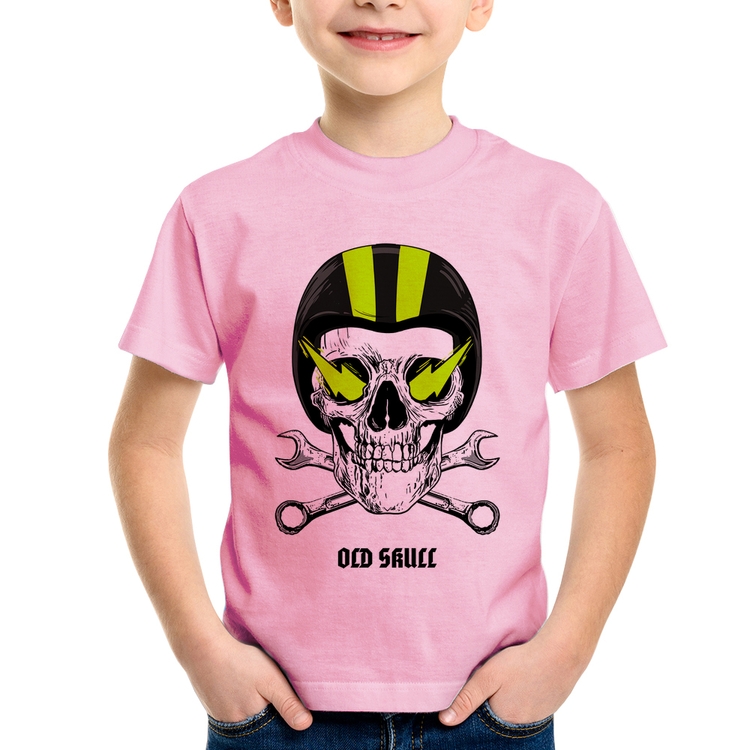 Camiseta Infantil Old Skull Motorcycle - Rosa Bebê