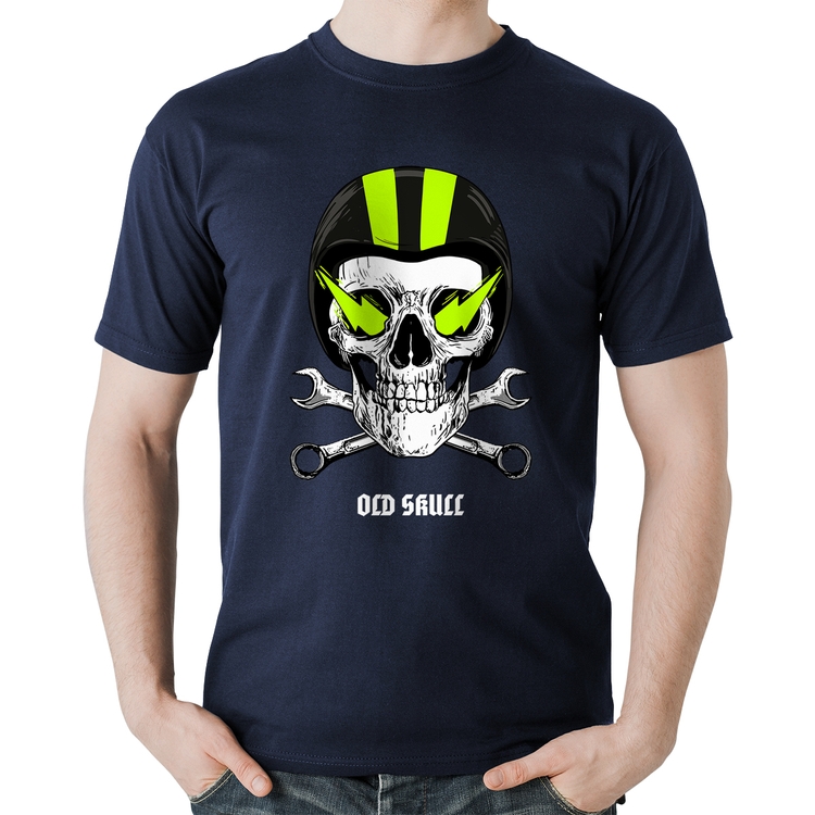 Camiseta Algodão Old Skull Motorcycle - Marinho