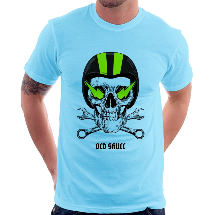 Camiseta Old Skull Motorcycle - Azul Bebê