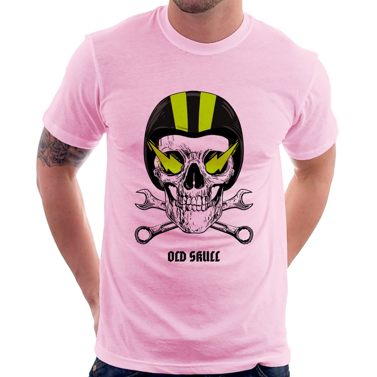 Camiseta Old Skull Motorcycle - Rosa Bebê