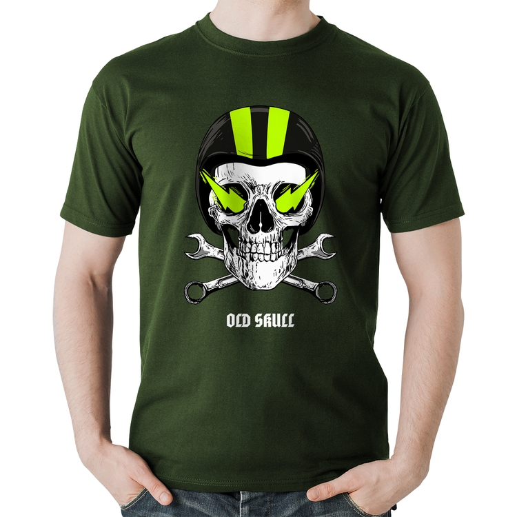 Camiseta Algodão Old Skull Motorcycle - Musgo