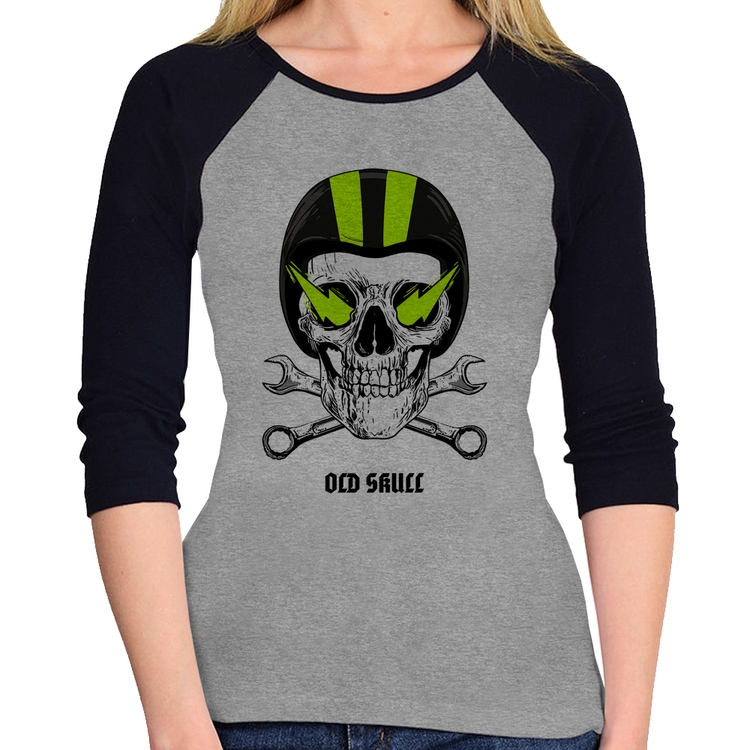 Baby Look Raglan Old Skull Motorcycle Manga 3/4 - Cinza/Preto