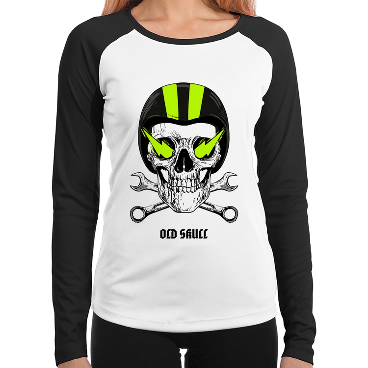 Baby Look Raglan Old Skull Motorcycle Manga Longa