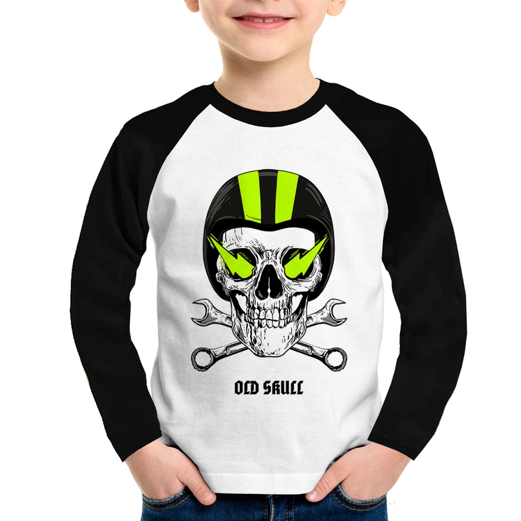 Camiseta Raglan Infantil Old Skull Motorcycle Manga Longa