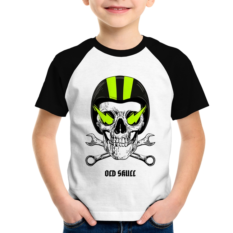 Camiseta Raglan Infantil Old Skull Motorcycle