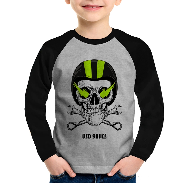Camiseta Raglan Infantil Old Skull Motorcycle Manga Longa - Cinza/Preto