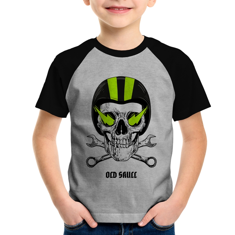 Camiseta Raglan Infantil Old Skull Motorcycle - Cinza/Preto