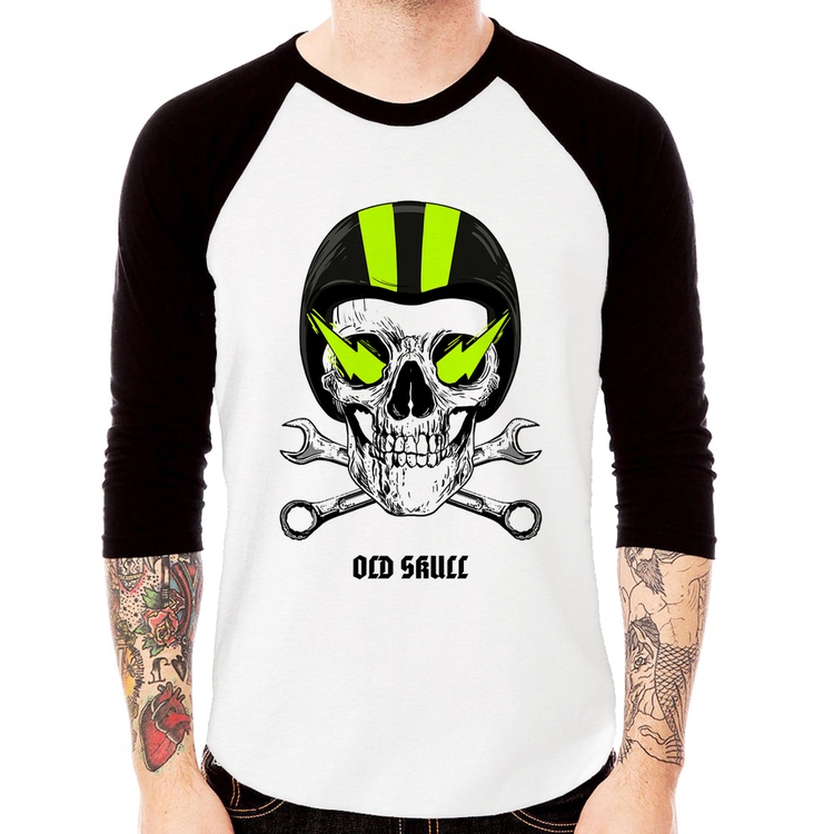 Camiseta Raglan Old Skull Motorcycle Manga 3/4