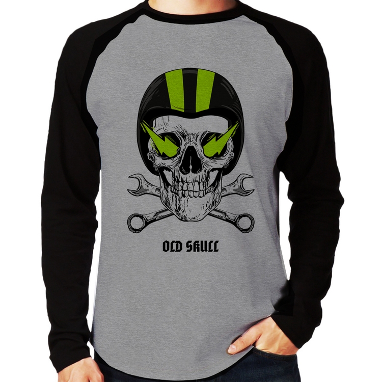 Camiseta Raglan Old Skull Motorcycle Manga Longa - Cinza/Preto