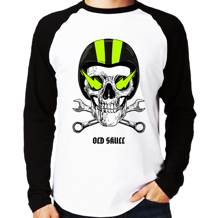 Camiseta Raglan Old Skull Motorcycle Manga Longa