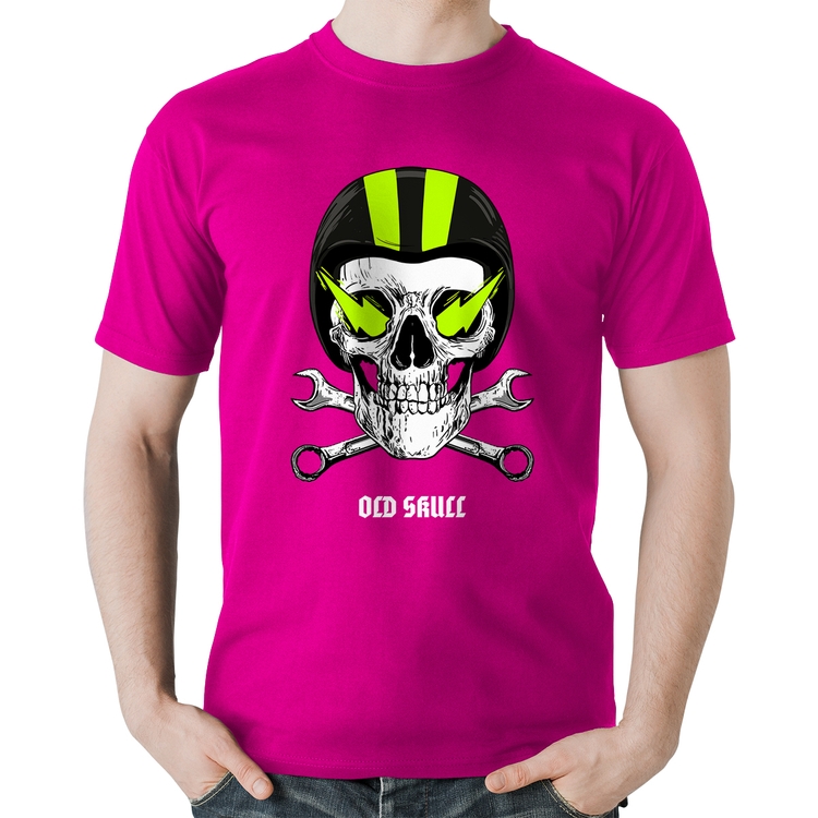 Camiseta Algodão Old Skull Motorcycle - Rosa