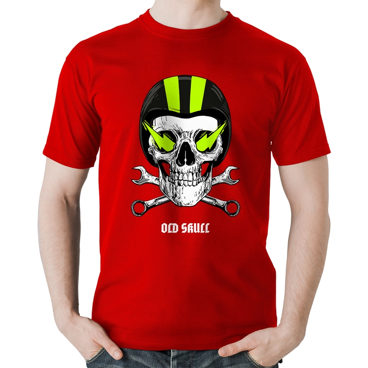 Camiseta Algodão Old Skull Motorcycle - Vermelha