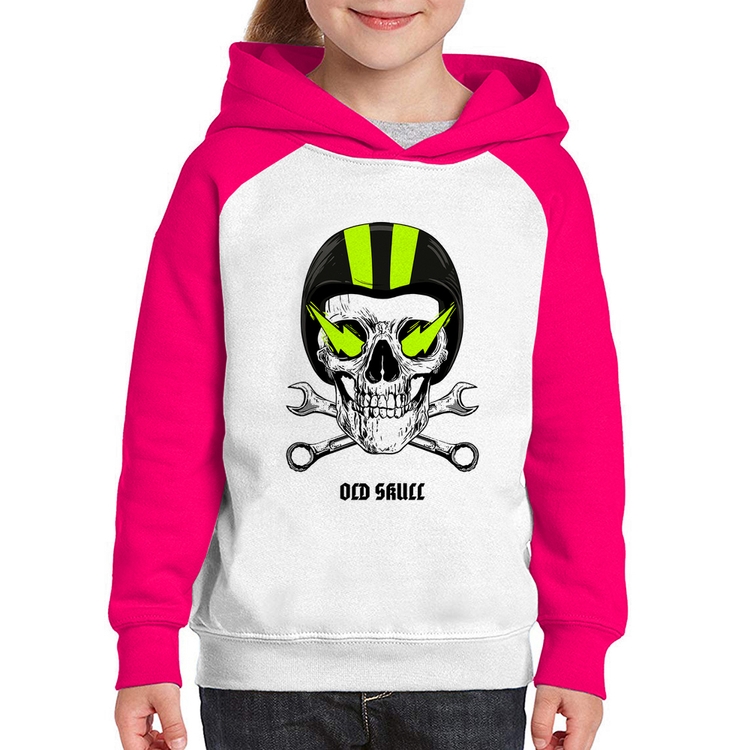 Moletom Infantil Old Skull Motorcycle - Branco/Rosa