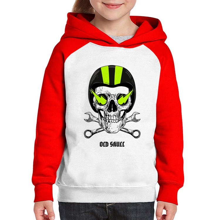 Moletom Infantil Old Skull Motorcycle - Branco/Vermelho