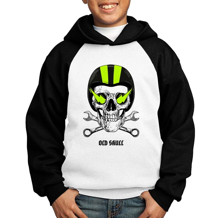 Moletom Infantil Old Skull Motorcycle - Branco/Preto