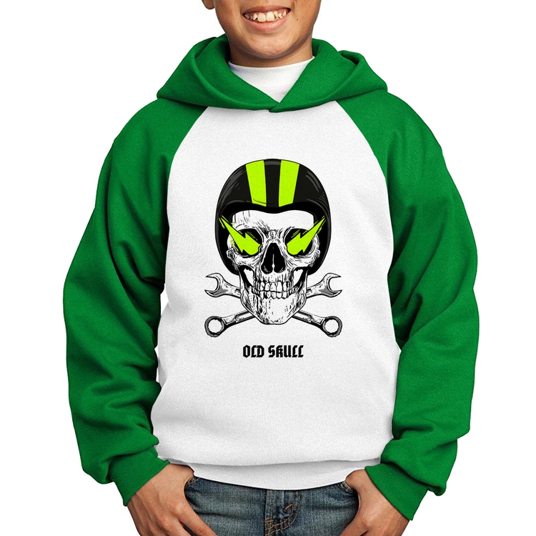 Moletom Infantil Old Skull Motorcycle - Branco/Verde