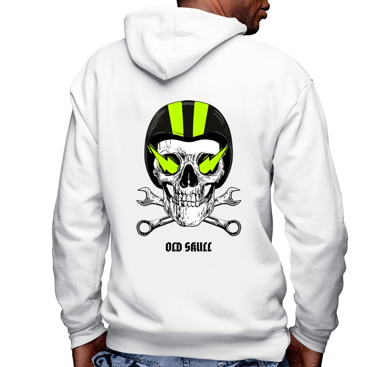 Blusa Moletom Old Skull Motorcycle Masculina com Capuz e Zíper - Branca