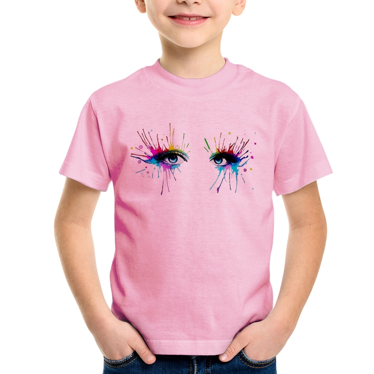 Camiseta Infantil Olhos Cores Pintura - Rosa Bebê