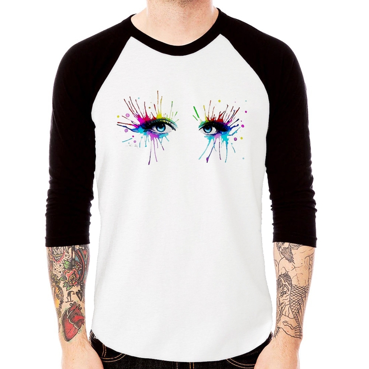 Camiseta Raglan Olhos Cores Pintura Manga 3/4