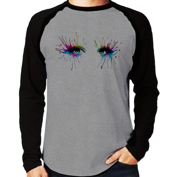 Camiseta Raglan Olhos Cores Pintura Manga Longa - Cinza/Preto
