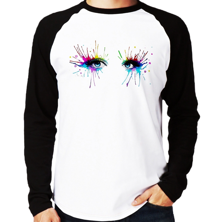Camiseta Raglan Olhos Cores Pintura Manga Longa