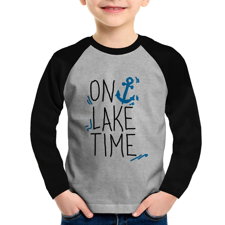 Camiseta Raglan Infantil On Lake Time Manga Longa - Cinza/Preto