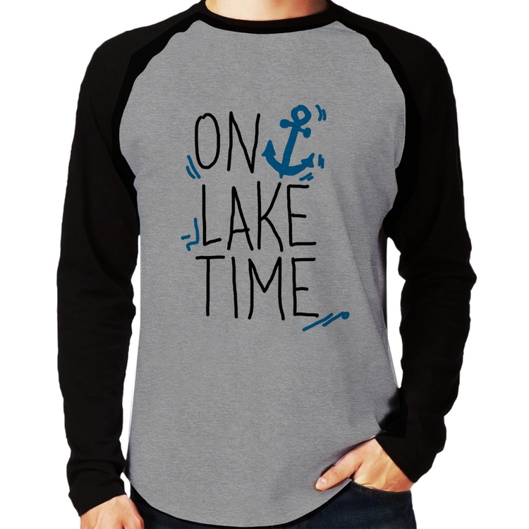 Camiseta Raglan On Lake Time Manga Longa - Cinza/Preto