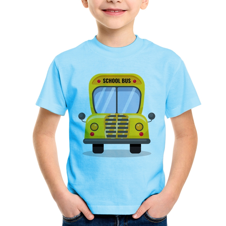 Camiseta Infantil Ônibus Escolar - Azul Bebê