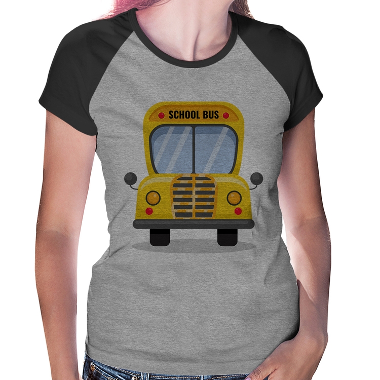 Baby Look Raglan Ônibus Escolar - Cinza/Preto