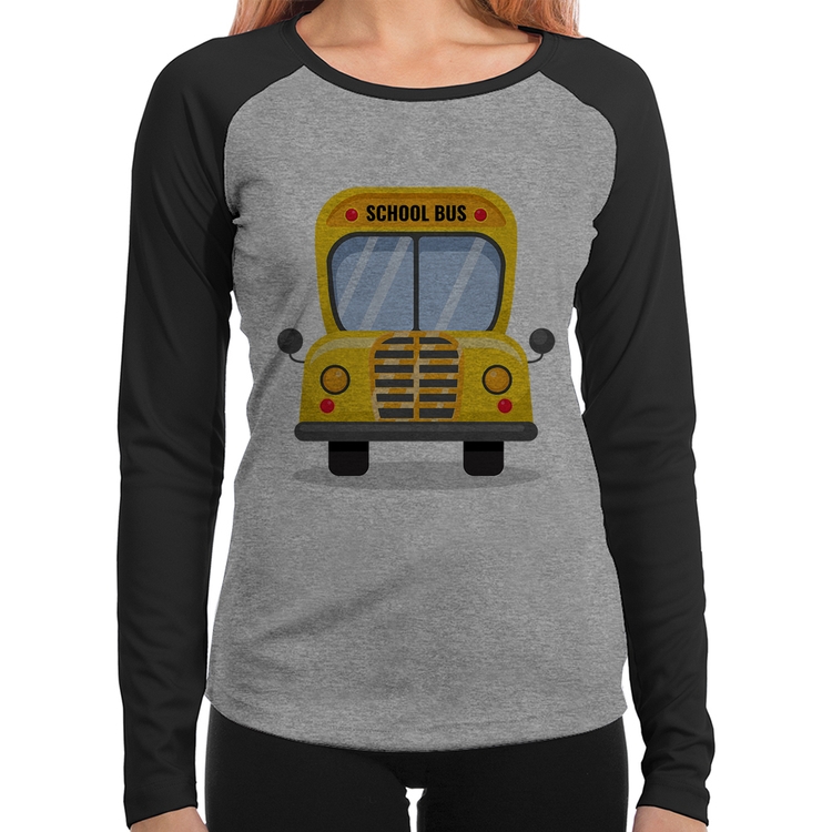 Baby Look Raglan Ônibus Escolar Manga Longa - Cinza/Preto