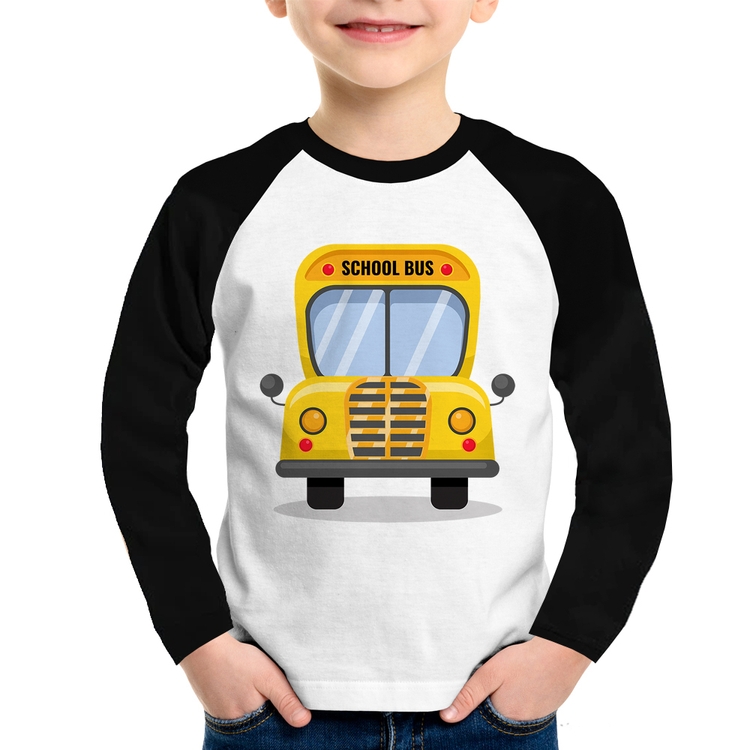 Camiseta Raglan Infantil Ônibus Escolar Manga Longa