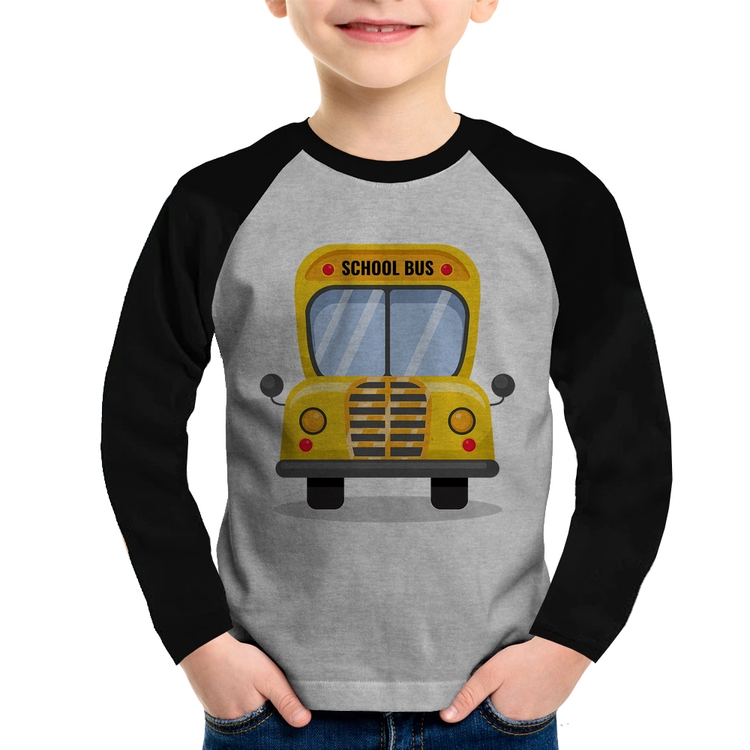 Camiseta Raglan Infantil Ônibus Escolar Manga Longa - Cinza/Preto