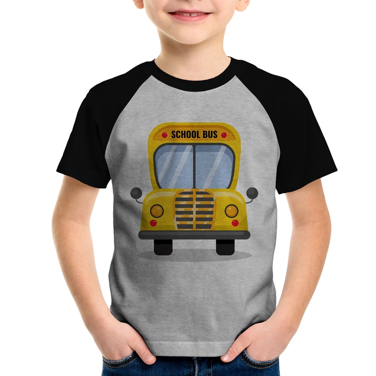Camiseta Raglan Infantil Ônibus Escolar - Cinza/Preto