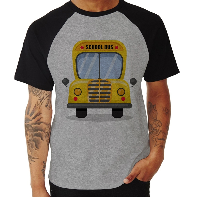Camiseta Raglan Ônibus Escolar - Cinza/Preto