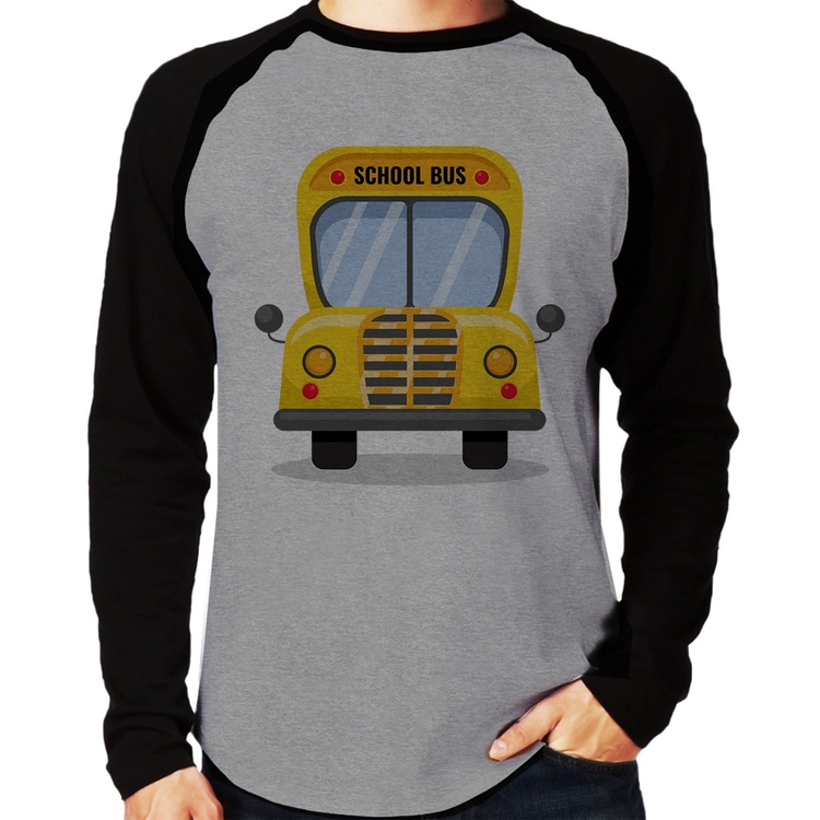 Camiseta Raglan Ônibus Escolar Manga Longa - Cinza/Preto