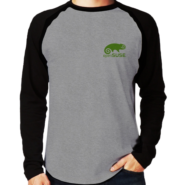 Camiseta Raglan openSUSE Linux Manga Longa - Cinza/Preto