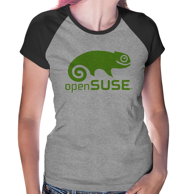 Baby Look Raglan openSUSE Linux Logo - Cinza/Preto