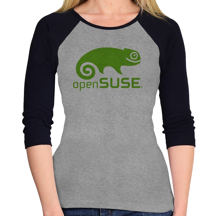 Baby Look Raglan openSUSE Linux Logo Manga 3/4 - Cinza/Preto