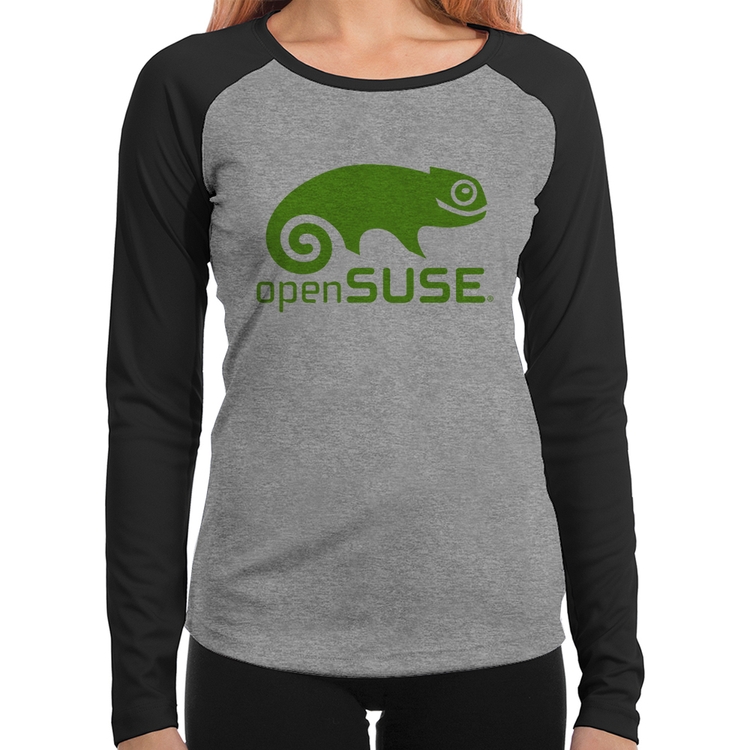 Baby Look Raglan openSUSE Linux Logo Manga Longa - Cinza/Preto