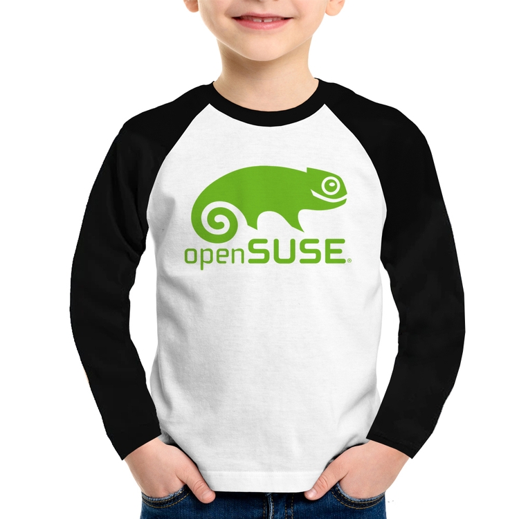 Camiseta Raglan Infantil openSUSE Linux Logo Manga Longa