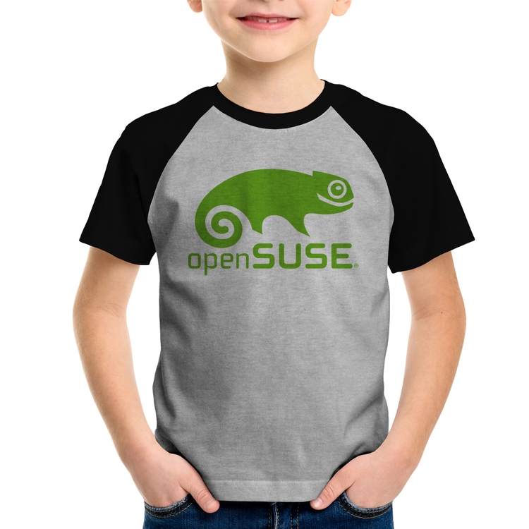 Camiseta Raglan Infantil openSUSE Linux Logo - Cinza/Preto