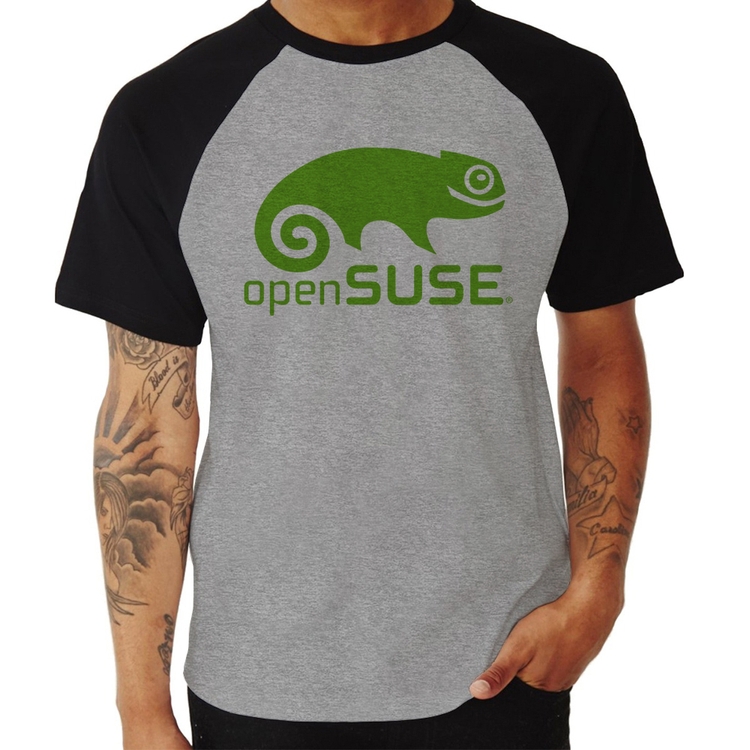 Camiseta Raglan openSUSE Linux Logo - Cinza/Preto