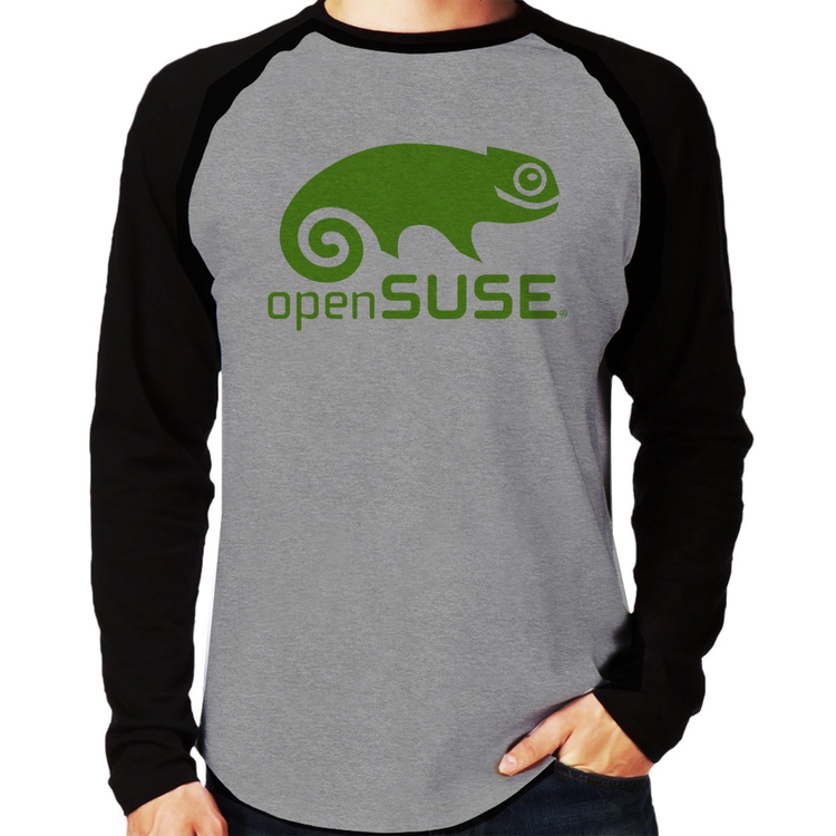 Camiseta Raglan openSUSE Linux Logo Manga Longa - Cinza/Preto