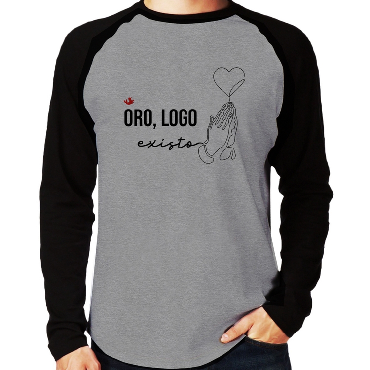 Camiseta Raglan Oro, logo existo Manga Longa - Cinza/Preto