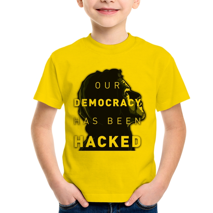 Camiseta Infantil Our Democracy Has Been Hacked - Amarela
