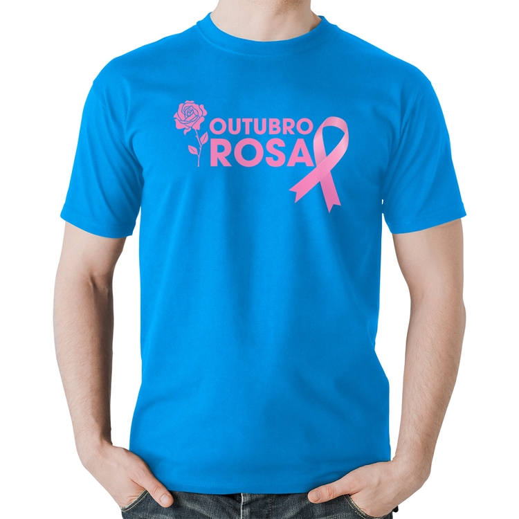 Camiseta Algodão Outubro Rosa - Azul