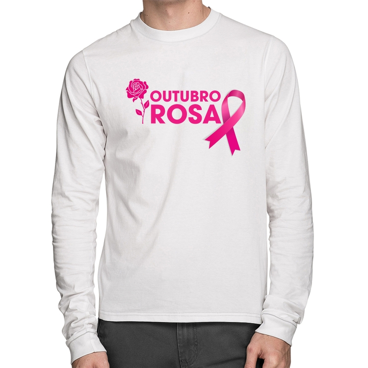 Camiseta Algodão Outubro Rosa Manga Longa - Branca