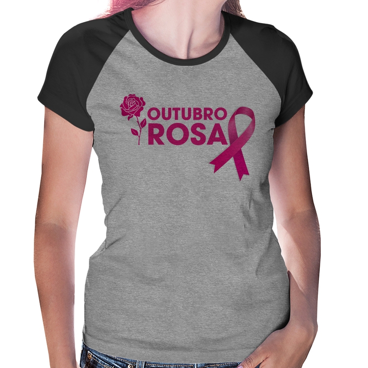 Baby Look Raglan Outubro Rosa - Cinza/Preto