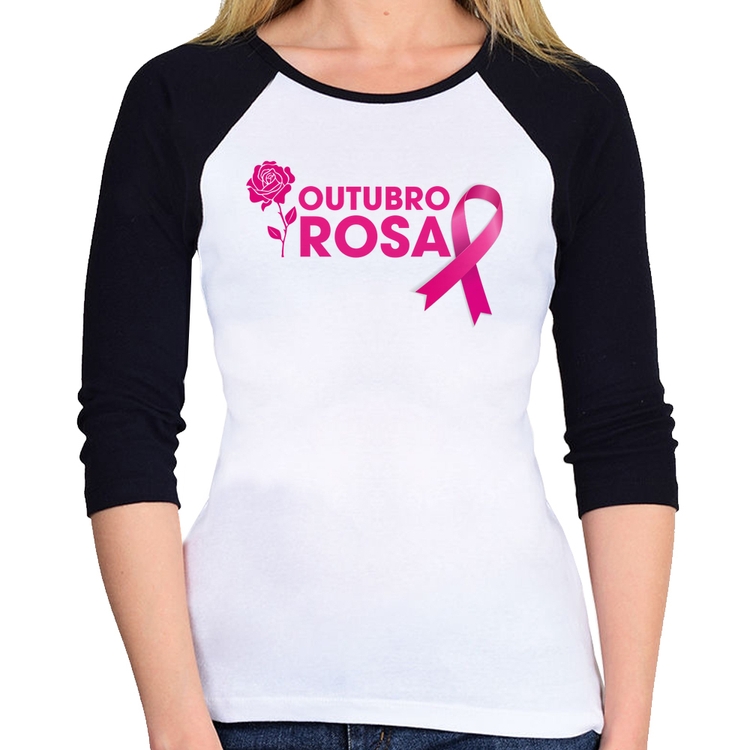 Baby Look Raglan Outubro Rosa Manga 3/4